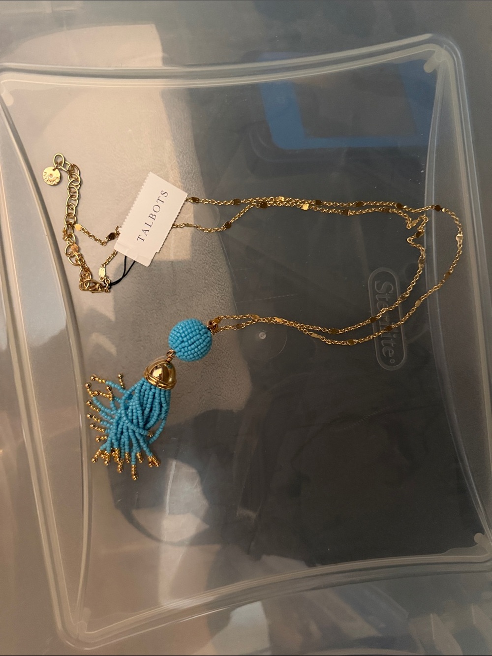 Talbots Gold-Tone Necklace with Turquoise Beaded Tassel